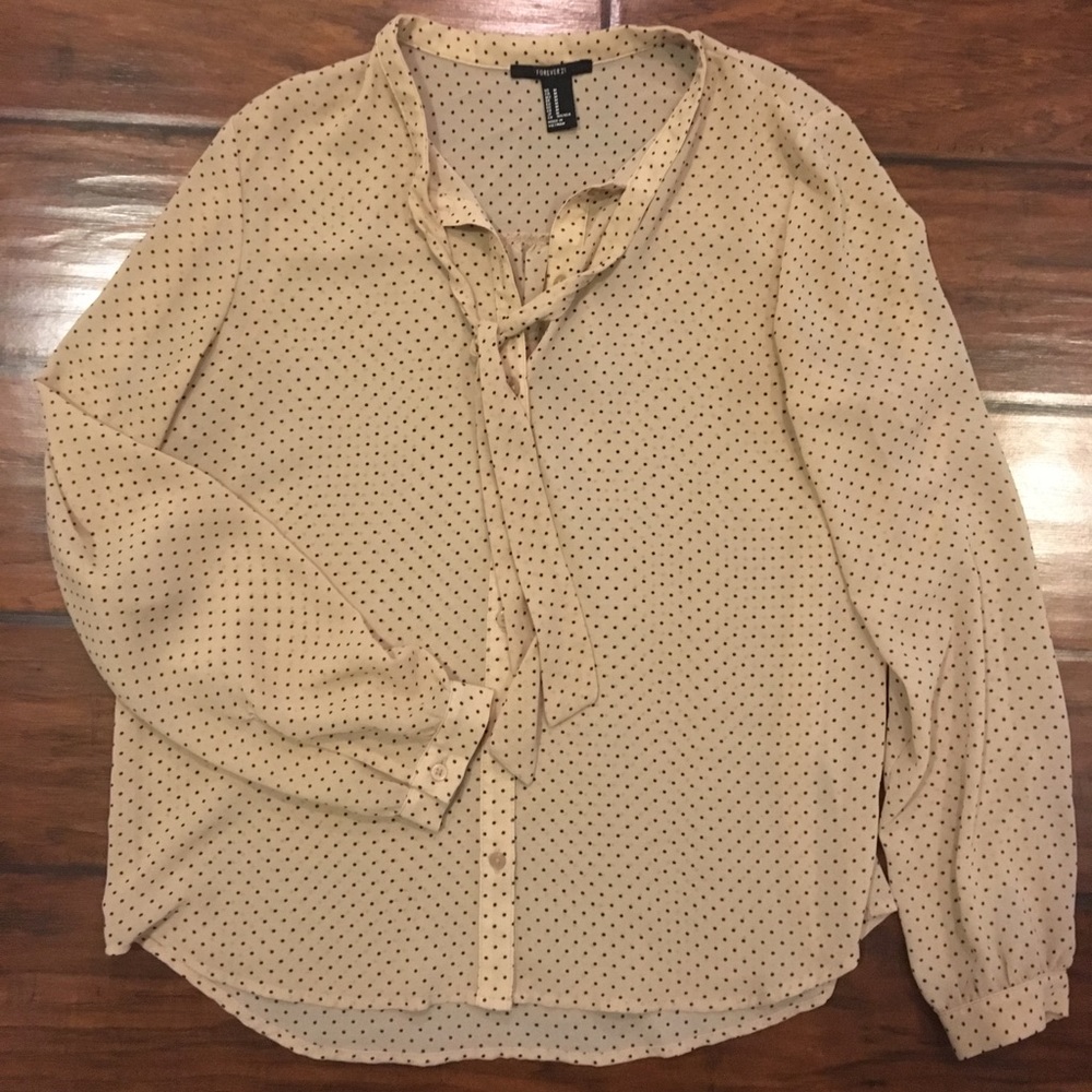 Forever 21 tan black polka dot chiffon blouse Med